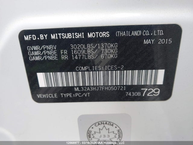 12568977 :رقم المزاد ، ML32A3HJ7FH050721 vin ، 2015 Mitsubishi Mirage Es مزاد بيع