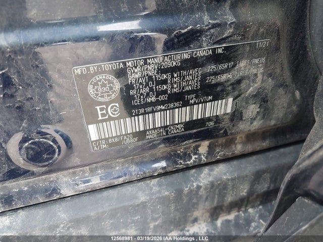 2021 Toyota Rav4 Xle/xle Premium მანქანა იყიდება აუქციონზე, vin: 2T3R1RFV9MW238362, აუქციონის ნომერი: 12568981