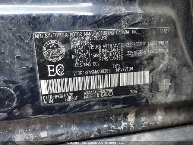 2021 Toyota Rav4 Xle/xle Premium მანქანა იყიდება აუქციონზე, vin: 2T3R1RFV9MW238362, აუქციონის ნომერი: 12568981
