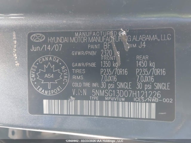 Продажа на аукционе авто 2007 Hyundai Santa Fe Gls, vin: 5NMSG13D07H121226, номер лота: 12568982
