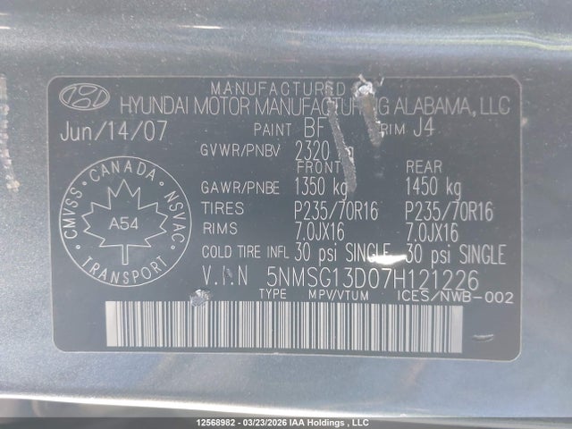 Продажа на аукционе авто 2007 Hyundai Santa Fe Gls, vin: 5NMSG13D07H121226, номер лота: 12568982