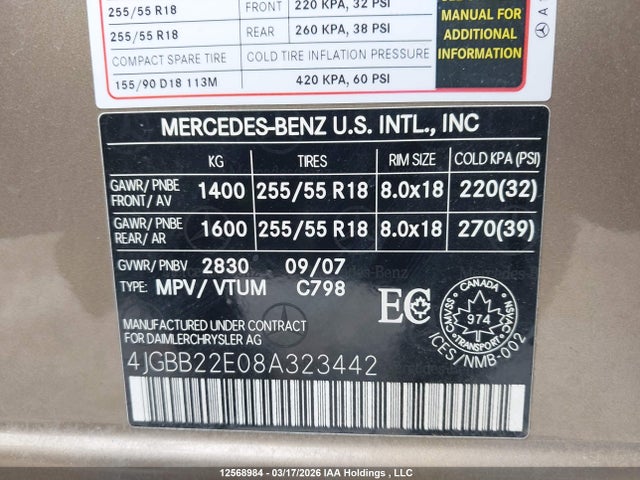 2008 Mercedes-benz Ml 320 Cdi 4matic მანქანა იყიდება აუქციონზე, vin: 4JGBB22E08A323442, აუქციონის ნომერი: 12568984