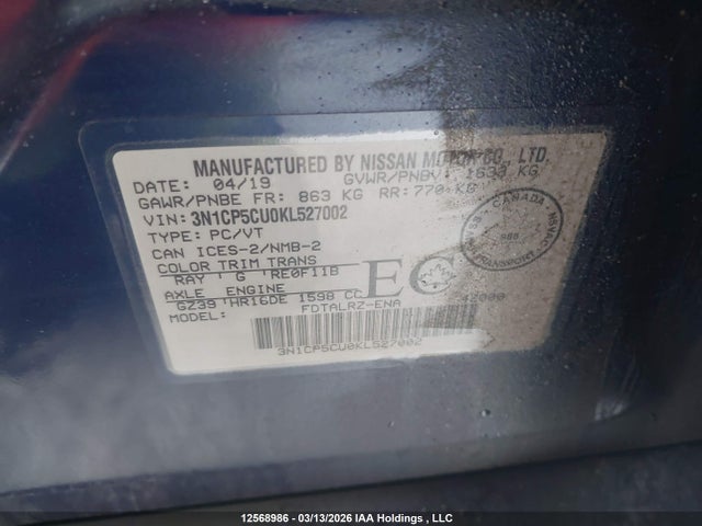 3N1CP5CU0KL527002 Nissan Kicks S/sr/sv