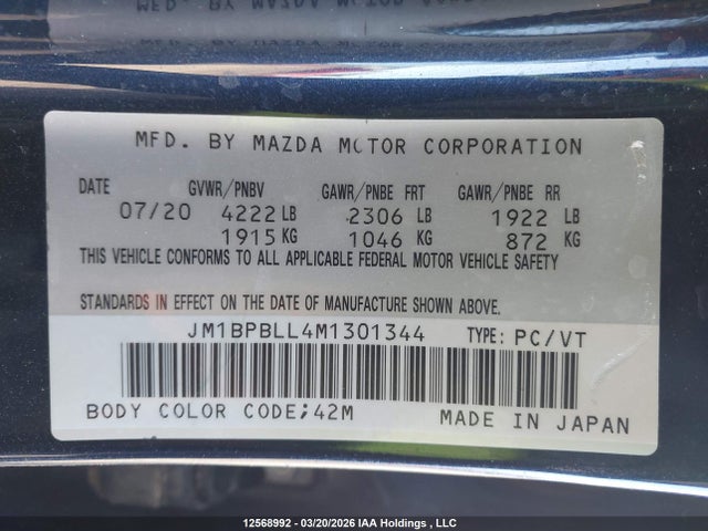 Aukcja sprzedaży 2021 Mazda 3 Preferred, vin: JM1BPBLL4M1301344, numer aukcji: 12568992