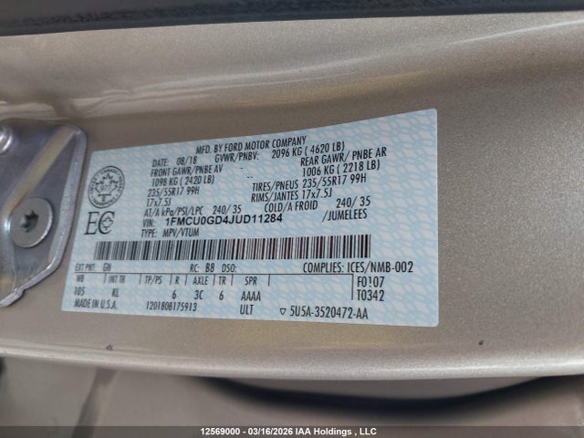 1FMCU0GD4JUD11284 Ford ESCAPE SE
