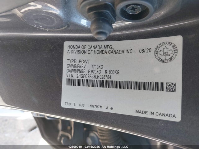 2020 Honda Civic Lx მანქანა იყიდება აუქციონზე, vin: 2HGFC2F53LH028764, აუქციონის ნომერი: 12569010