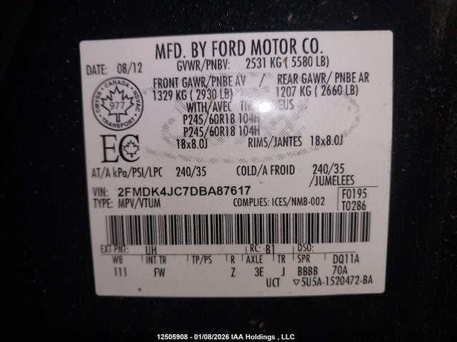 12505908 :رقم المزاد ، 2FMDK4JC7DBA87617 vin ، 2013 Ford Edge Sel مزاد بيع