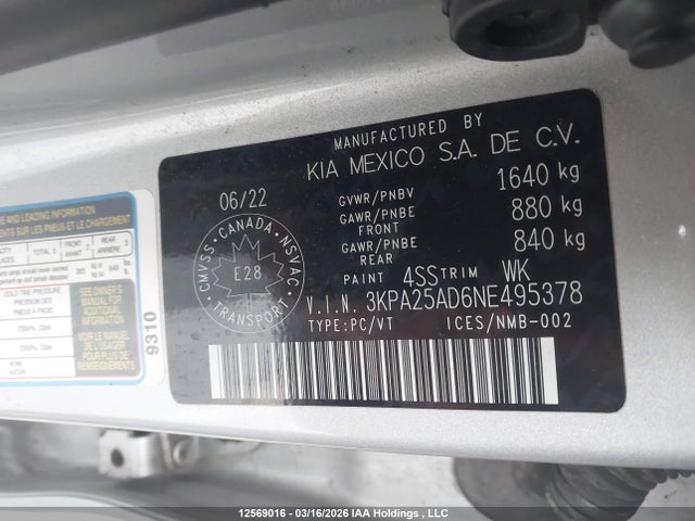 3KPA25AD6NE495378 KIA RIO S