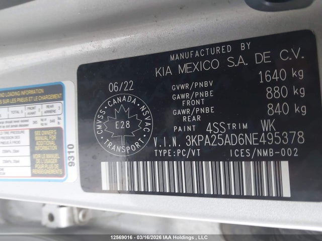 3KPA25AD6NE495378 KIA RIO S