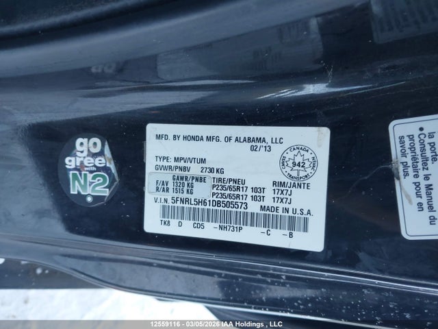 Продаж на аукціоні авто 2013 Honda Odyssey Ex-l, vin: 5FNRL5H61DB505573, номер лоту: 12559116