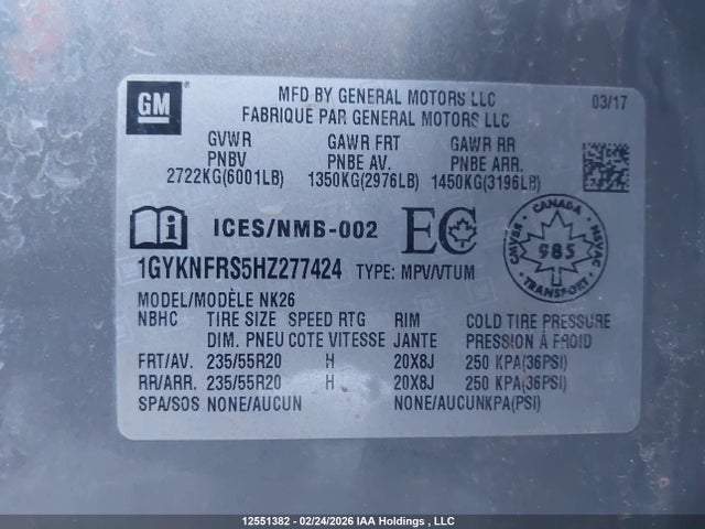 1GYKNFRS5HZ277424 Cadillac Xt5 Platinum