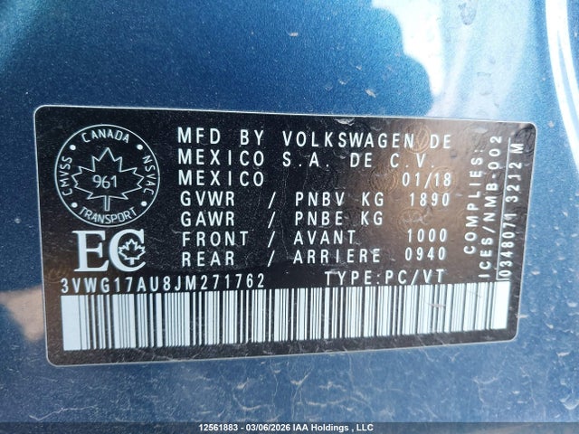 3VWG17AU8JM271762 Volkswagen Golf 1.8 Tsi Comfortline/1.8 Tsi Highline/1.8 Tsi Trendline