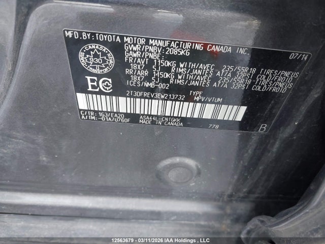 Aukcja sprzedaży 2014 Toyota Rav4 Limited, vin: 2T3DFREV3EW213732, numer aukcji: 12563679