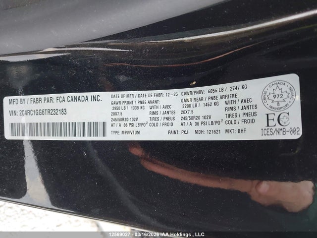2026 Chrysler Pacifica Limited მანქანა იყიდება აუქციონზე, vin: 2C4RC1GG6TR232183, აუქციონის ნომერი: 12569027