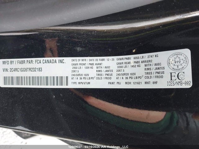 2026 Chrysler Pacifica Limited მანქანა იყიდება აუქციონზე, vin: 2C4RC1GG6TR232183, აუქციონის ნომერი: 12569027
