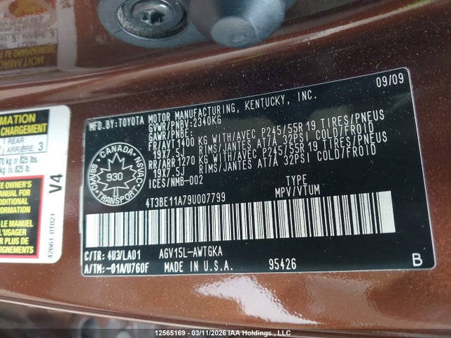 12565169 :رقم المزاد ، 4T3BE11A79U007799 vin ، 2009 Toyota Venza مزاد بيع