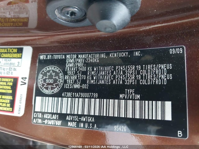 12565169 :رقم المزاد ، 4T3BE11A79U007799 vin ، 2009 Toyota Venza مزاد بيع