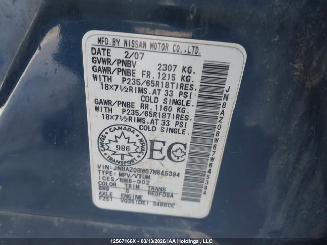 Aukcja sprzedaży 2007 Nissan Murano Se, vin: JN8AZ08W67W645394, numer aukcji: 12567166