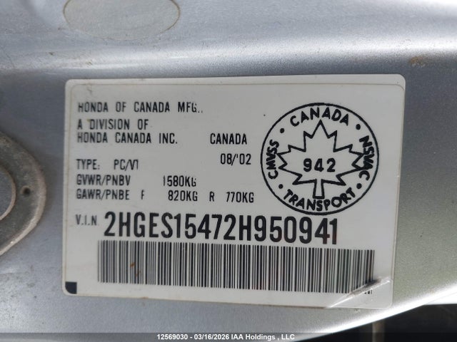 Aukcja sprzedaży 2002 Honda Civic Dx, vin: 2HGES15472H950941, numer aukcji: 12569030