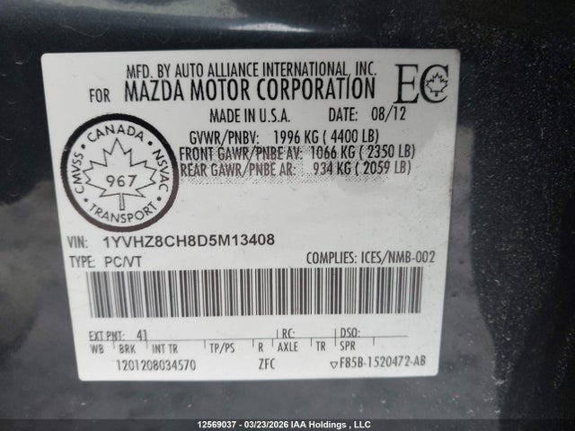 Продажа на аукционе авто 2013 Mazda Mazda6 Gt-i4, vin: 1YVHZ8CH8D5M13408, номер лота: 12569037
