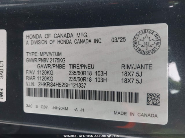 2HKRS4H52SH121837 Honda Cr-v Sport