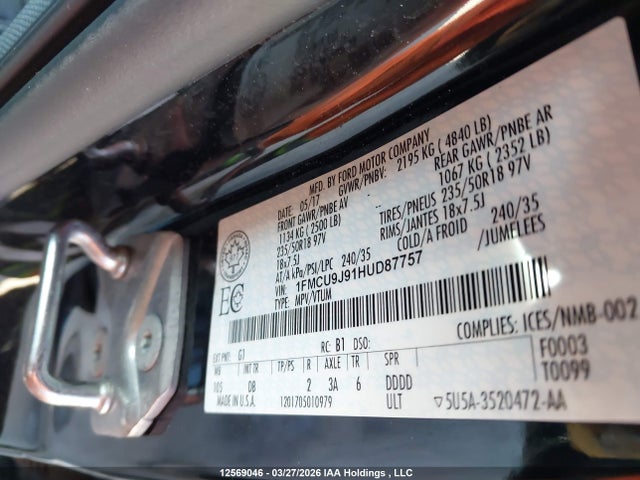 Продаж на аукціоні авто 2017 Ford Escape Titanium, vin: 1FMCU9J91HUD87757, номер лоту: 12569046