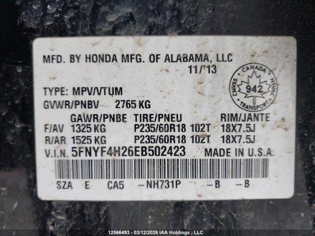 5FNYF4H26EB502423 Honda PILOT LX