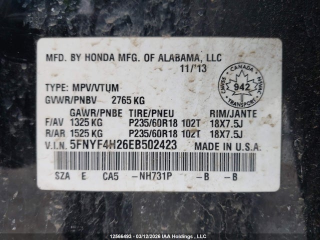 5FNYF4H26EB502423 Honda PILOT LX