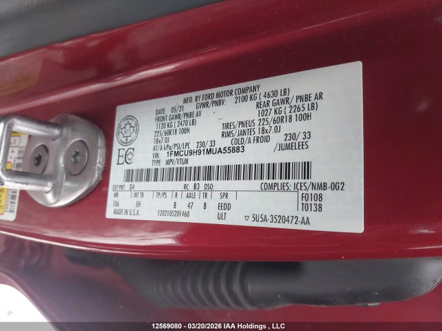 Aukcja sprzedaży 2021 Ford Escape Sel, vin: 1FMCU9H91MUA55883, numer aukcji: 12569080