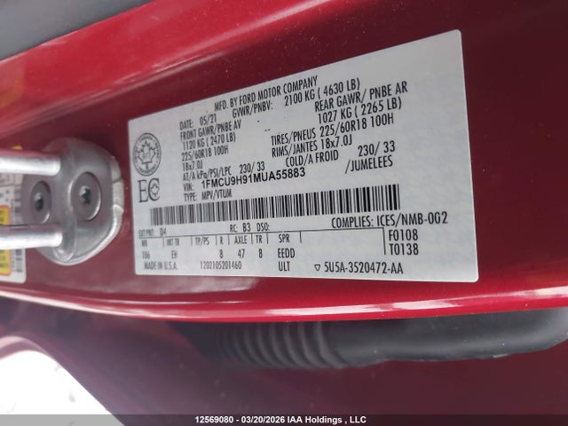Aukcja sprzedaży 2021 Ford Escape Sel, vin: 1FMCU9H91MUA55883, numer aukcji: 12569080