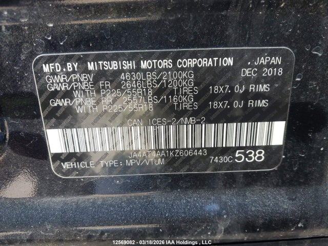 Продаж на аукціоні авто 2019 Mitsubishi Eclipse Cross Le/sp, vin: JA4AT4AA1KZ606443, номер лоту: 12569082