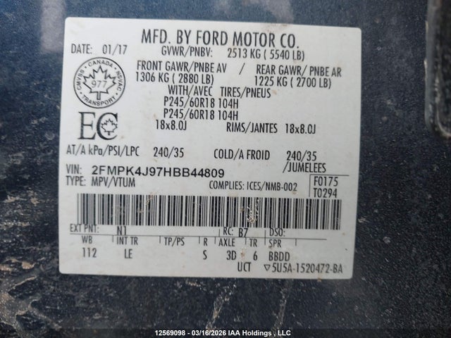 Продаж на аукціоні авто 2017 Ford Edge Sel, vin: 2FMPK4J97HBB44809, номер лоту: 12569098