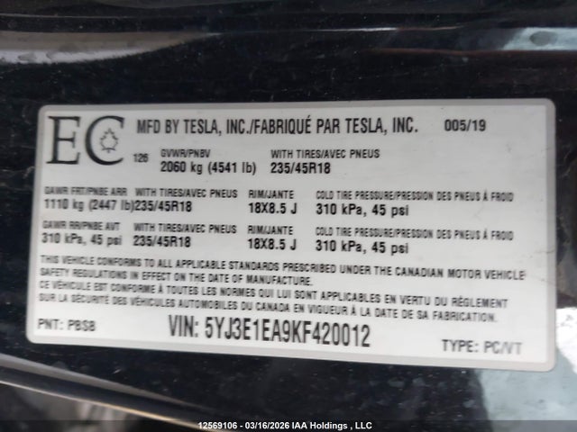 2019 Tesla Model 3 Long Range/mid Range/standard Range/standard Range Plus მანქანა იყიდება აუქციონზე, vin: 5YJ3E1EA9KF420012, აუქციონის ნომერი: 12569106