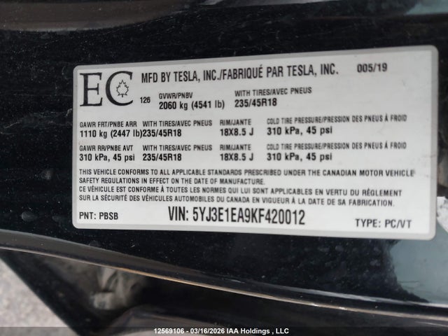 2019 Tesla Model 3 Long Range/mid Range/standard Range/standard Range Plus მანქანა იყიდება აუქციონზე, vin: 5YJ3E1EA9KF420012, აუქციონის ნომერი: 12569106