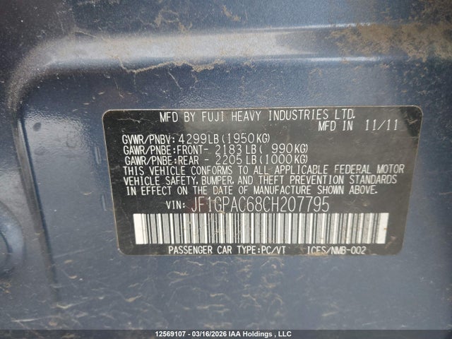 2012 Subaru Impreza 2.0i Touring Package მანქანა იყიდება აუქციონზე, vin: JF1GPAC68CH207795, აუქციონის ნომერი: 12569107