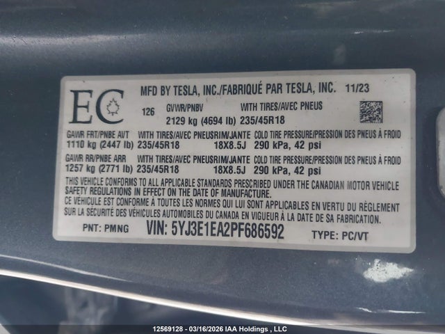 Tesla MODEL 3 2023 5YJ3E1EA2PF686592 Image 9