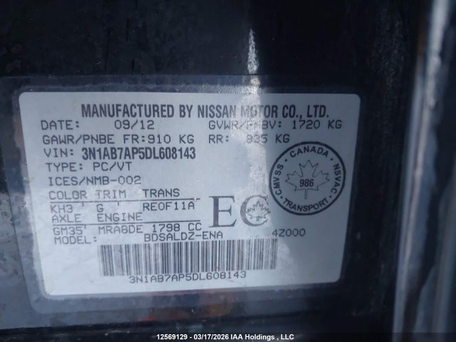 Aukcja sprzedaży 2013 Nissan Sentra S/sv/sr/sl, vin: 3N1AB7AP5DL608143, numer aukcji: 12569129