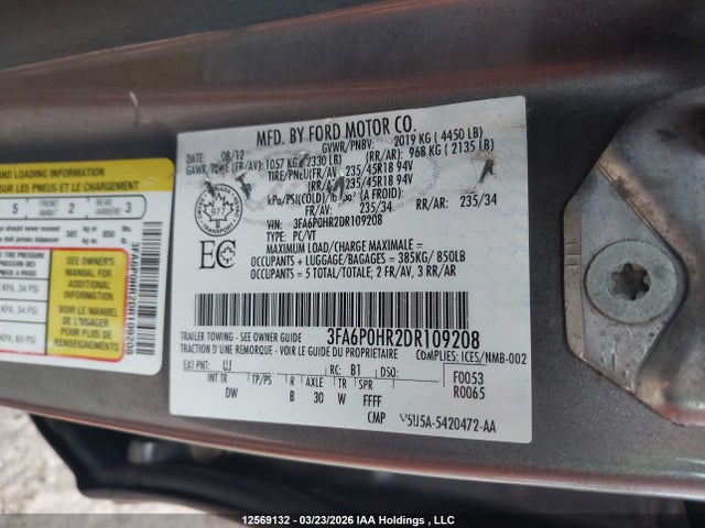 2013 Ford Fusion მანქანა იყიდება აუქციონზე, vin: 3FA6P0HR2DR109208, აუქციონის ნომერი: 12569132
