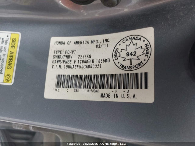 12569136 :رقم المزاد ، 19UUA9F50CA800321 vin ، 2012 Acura Tl مزاد بيع
