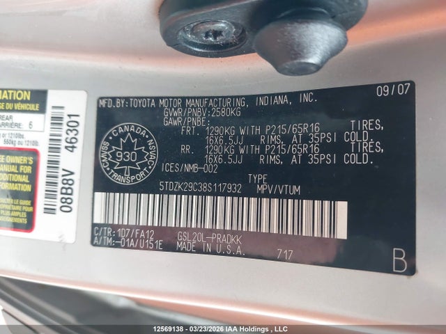 12569138 :رقم المزاد ، 5TDZK29C38S117932 vin ، 2008 Toyota Sienna Ce مزاد بيع