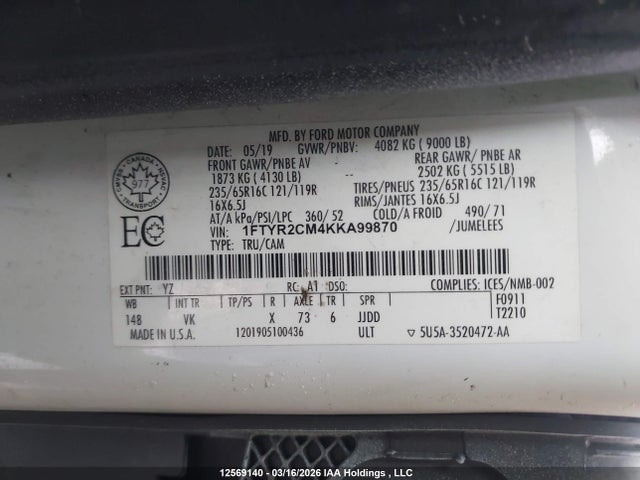 12569140 :رقم المزاد ، 1FTYR2CM4KKA99870 vin ، 2019 Ford Transit T-250 مزاد بيع