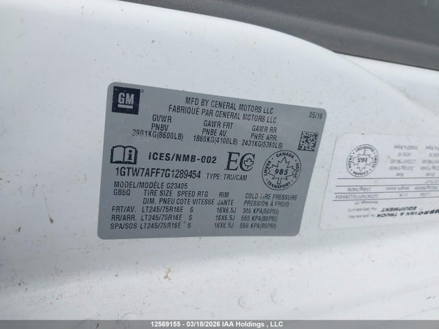 12569155 :رقم المزاد ، 1GTW7AFF7G1289454 vin ، 2016 Gmc Savana 2500 1wt مزاد بيع