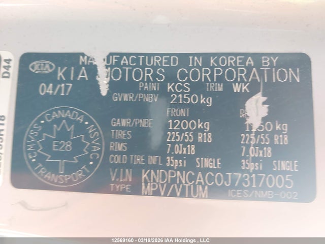 12569160 :رقم المزاد ، KNDPNCAC0J7317005 vin ، 2018 Kia Sportage Ex/ex Premium/ex Tech مزاد بيع