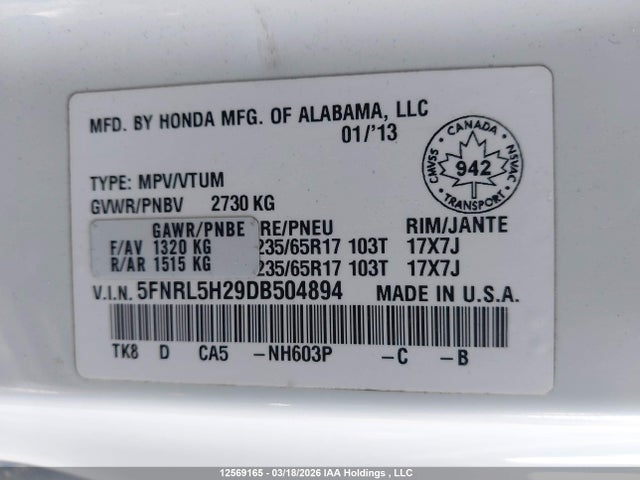 12569165 :رقم المزاد ، 5FNRL5H29DB504894 vin ، 2013 Honda Odyssey Lx مزاد بيع