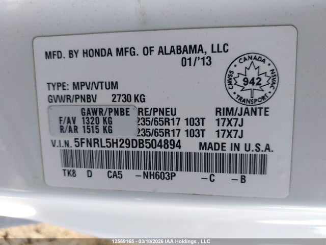 12569165 :رقم المزاد ، 5FNRL5H29DB504894 vin ، 2013 Honda Odyssey Lx مزاد بيع