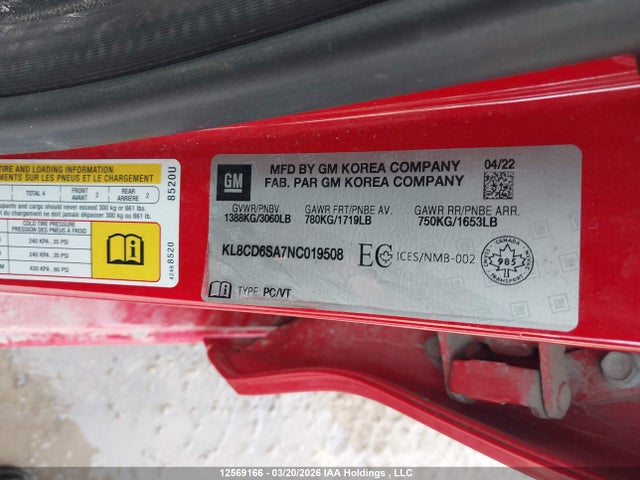 2022 Chevrolet Spark 1lt Cvt მანქანა იყიდება აუქციონზე, vin: KL8CD6SA7NC019508, აუქციონის ნომერი: 12569166