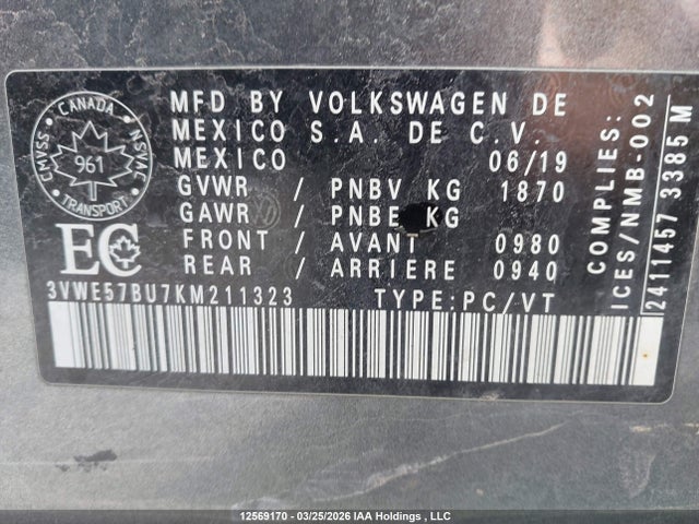 Aukcja sprzedaży 2019 Volkswagen Jetta 1.4 Tsi Highline, vin: 3VWE57BU7KM211323, numer aukcji: 12569170