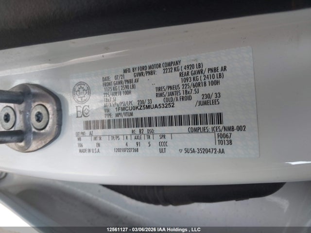 Продажа на аукционе авто 2021 Ford Escape Phev Sel, vin: 1FMCU0KZ5MUA53252, номер лота: 12561127