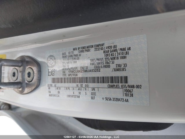 Продажа на аукционе авто 2021 Ford Escape Phev Sel, vin: 1FMCU0KZ5MUA53252, номер лота: 12561127