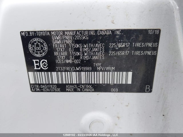 12569182 :رقم المزاد ، 2T3ZFREV3JW519989 vin ، 2018 Toyota Rav4 Le مزاد بيع